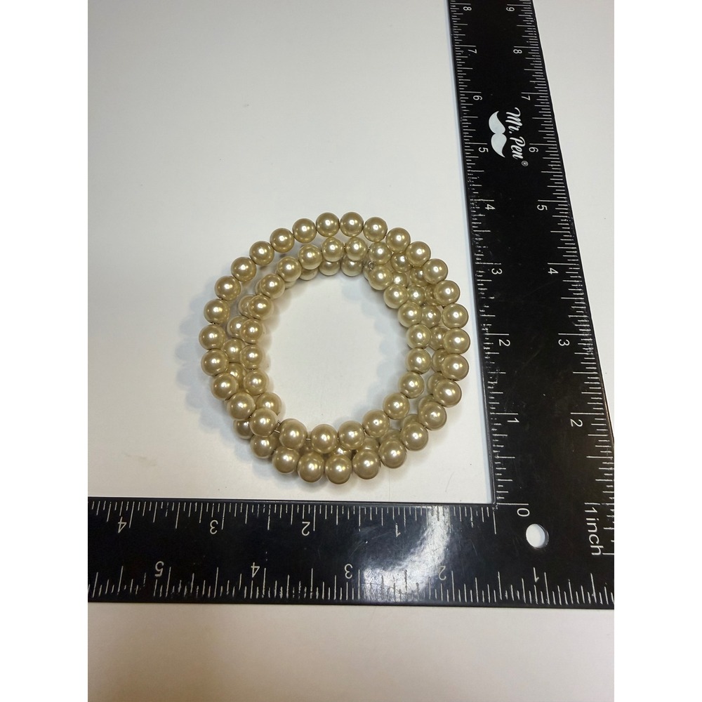 Cream Faux Pearl Triple Strand Coil Wrap Bracelet Champagne Stacked Memory Wire